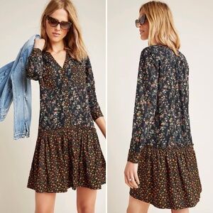 Anthropologie Maeve Marlie Floral Button-Front Tunic Dress Sz 8 Black Drop Waist